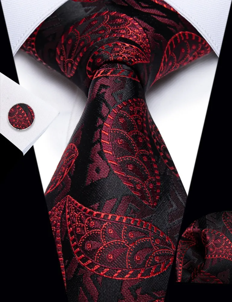 Ties2you Red Jacquard Paisley Black Necktie Pocket Square Cufflink Set sold by Ties2You product image thumbnail 2