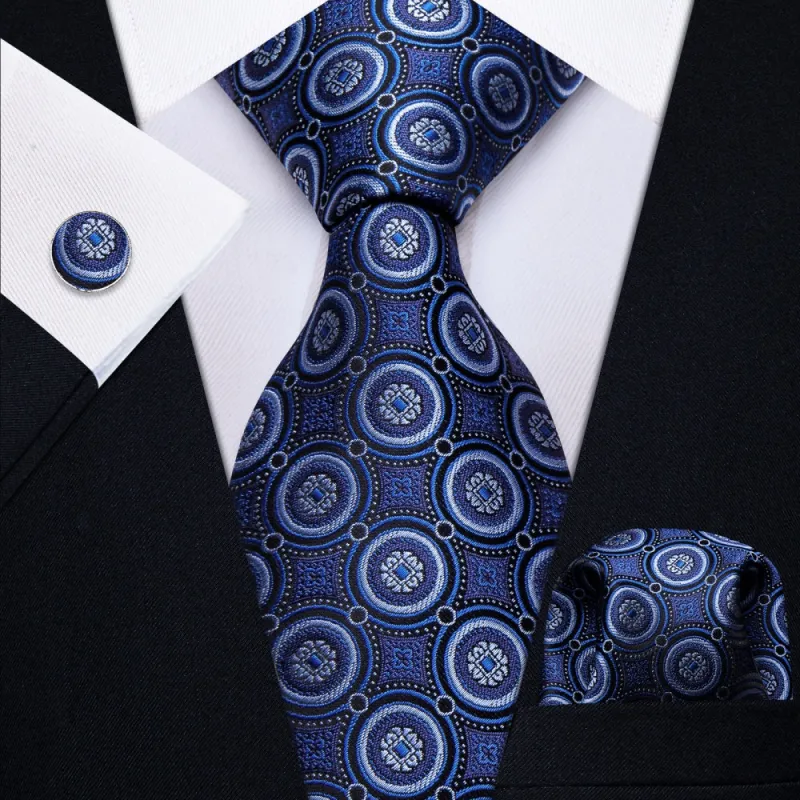 Ties2you Navy Blue Novelty Geometry Pattern Silk Men's Necktie Set sold by Ties2You