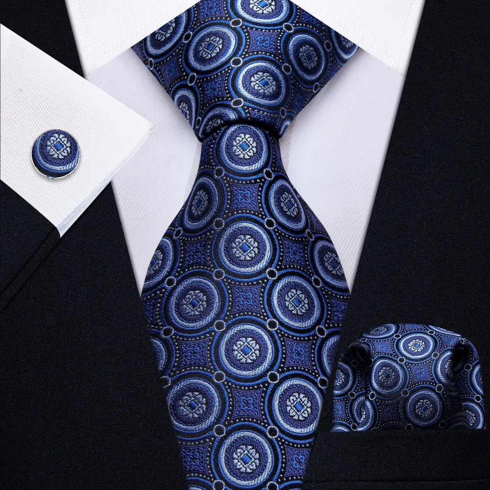 Ties2you Navy Blue Novelty Geometry Pattern Silk Men's Necktie Set sold by Ties2You