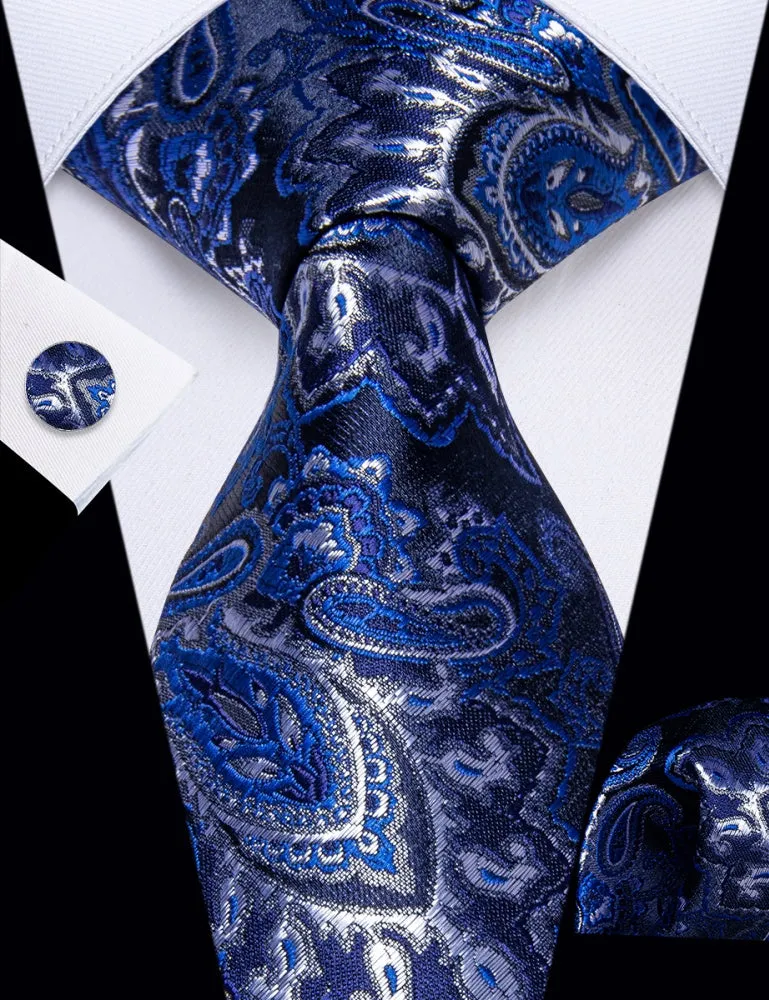 Ties2you Navy Blue White Paisley Men's Tie Pocket Square Cufflinks Set sold by Ties2You product image thumbnail 2