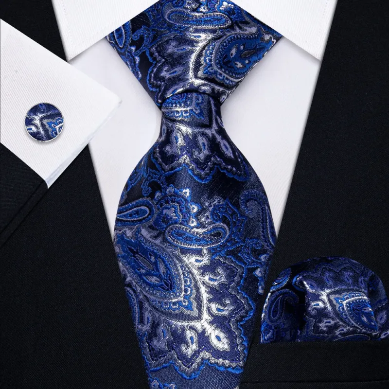 Ties2you Navy Blue White Paisley Men's Tie Pocket Square Cufflinks Set sold by Ties2You