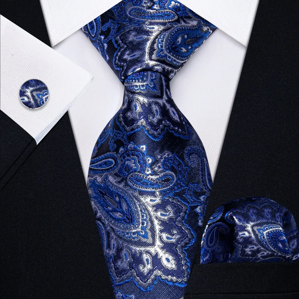 Ties2you Navy Blue White Paisley Men's Tie Pocket Square Cufflinks Set sold by Ties2You