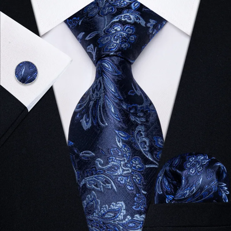 Ties2you Navy Blue Floral Men's Necktie Pocket Square Cufflinks Set sold by Ties2You