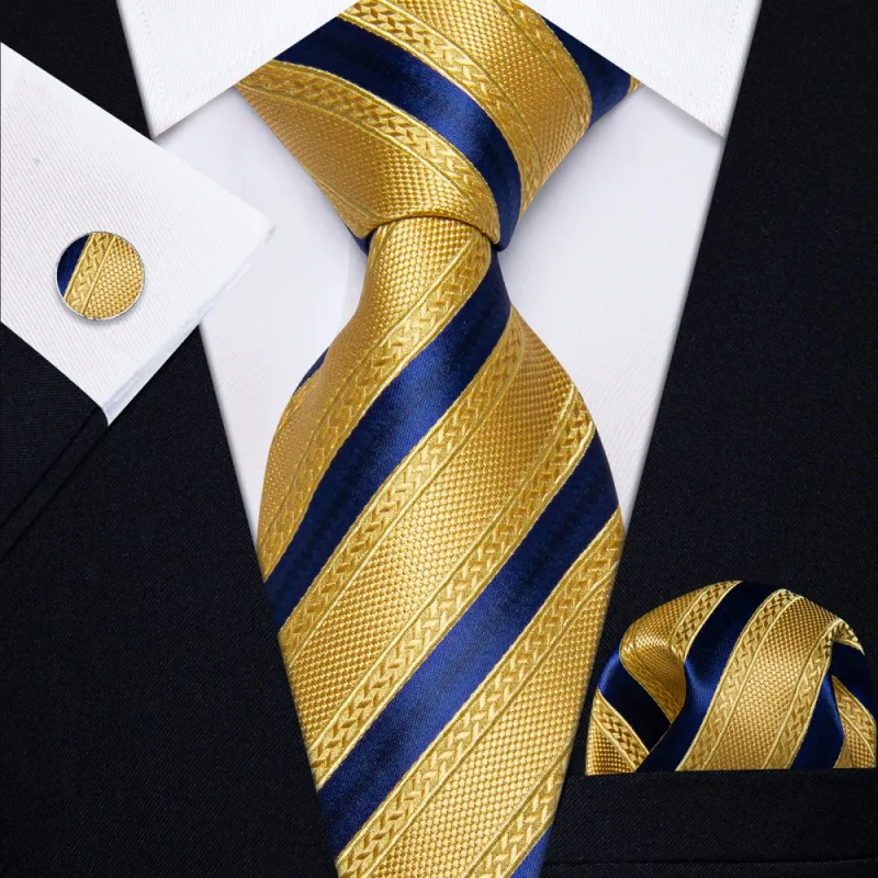Ties2you Gold Yellow Navy Striped Necktie Pocket Square Cufflinks Set sold by Ties2You