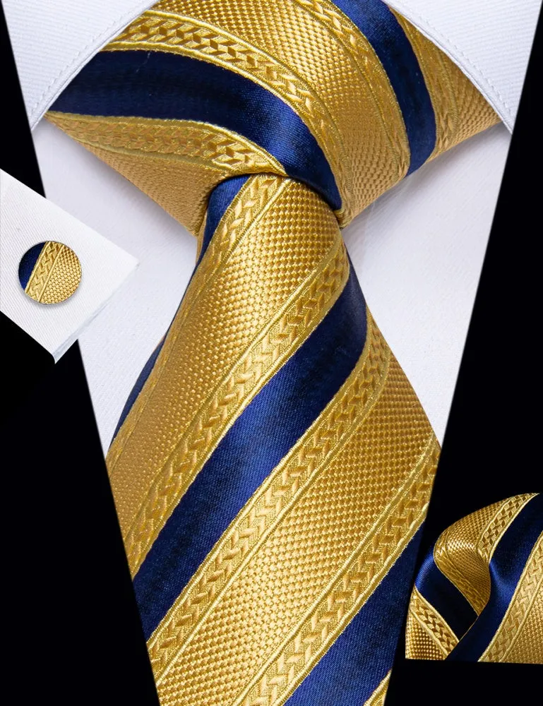 Ties2you Gold Yellow Navy Striped Necktie Pocket Square Cufflinks Set sold by Ties2You product image thumbnail 2