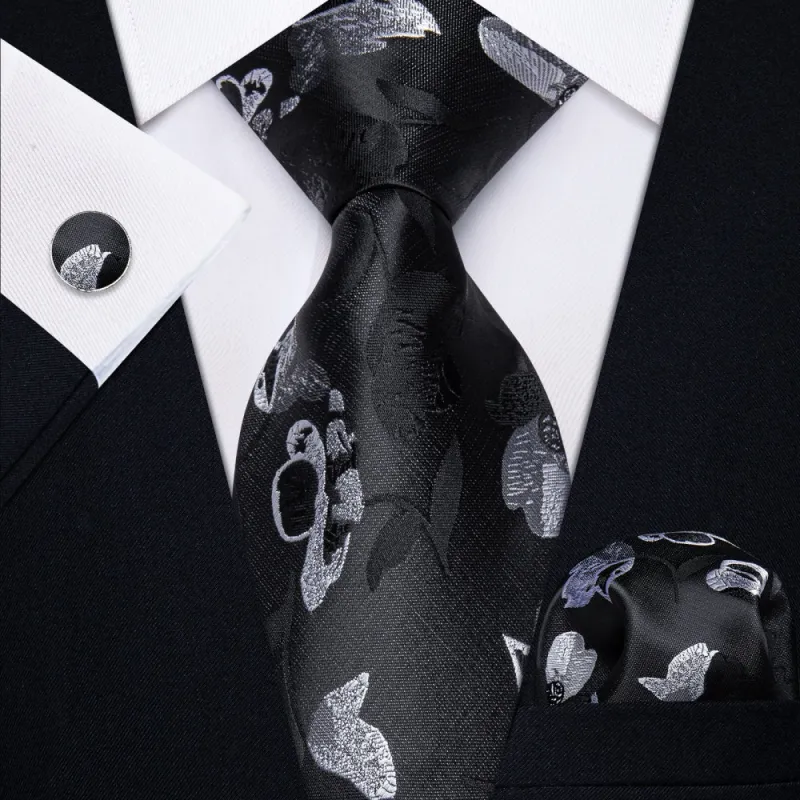 Ties2you Mens Black Tie White Floral Men's Necktie Hanky Cufflinks Set sold by Ties2You