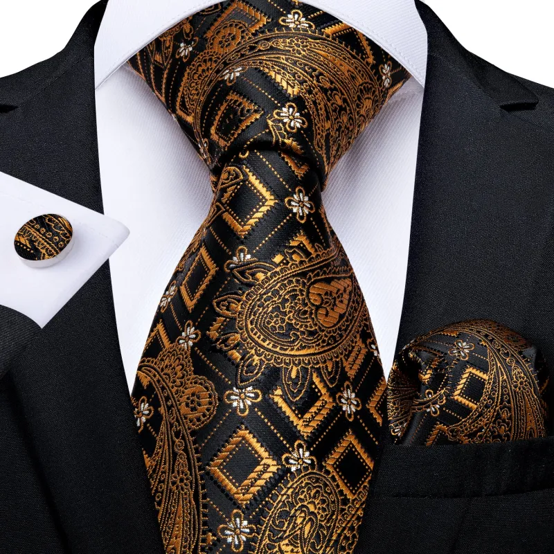 Black Golden Geometry Paisley Men's Tie Handkerchief Cufflinks Set sold by Ties2You