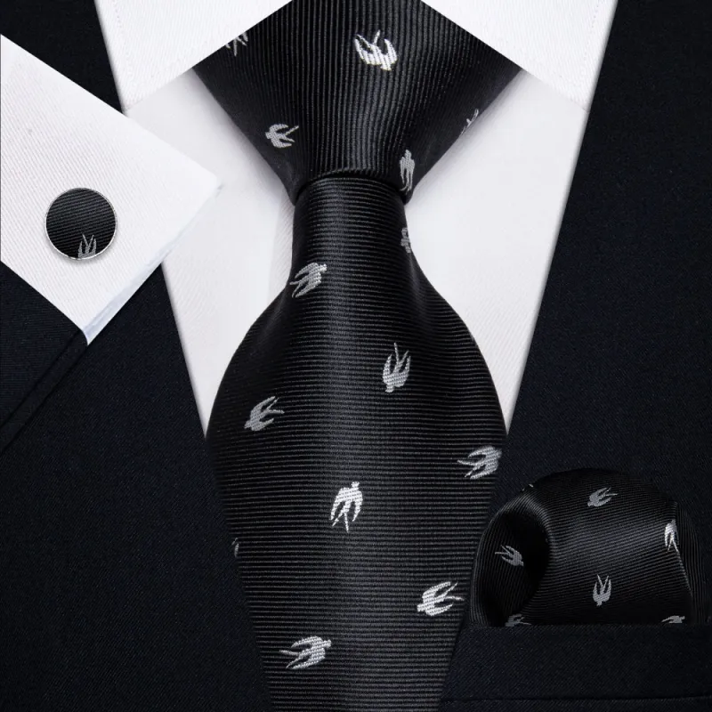 Ties2you Black Silver Novelty Swallow Men's Necktie Pocket Square Cufflinks Set sold by Ties2You