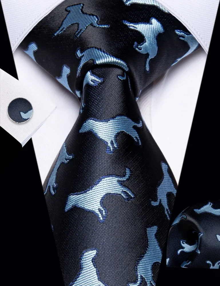 Ties2you Black Blue Puppy Pattern Men's Tie Handkerchief Cufflinks Set sold by Ties2You product image thumbnail 2