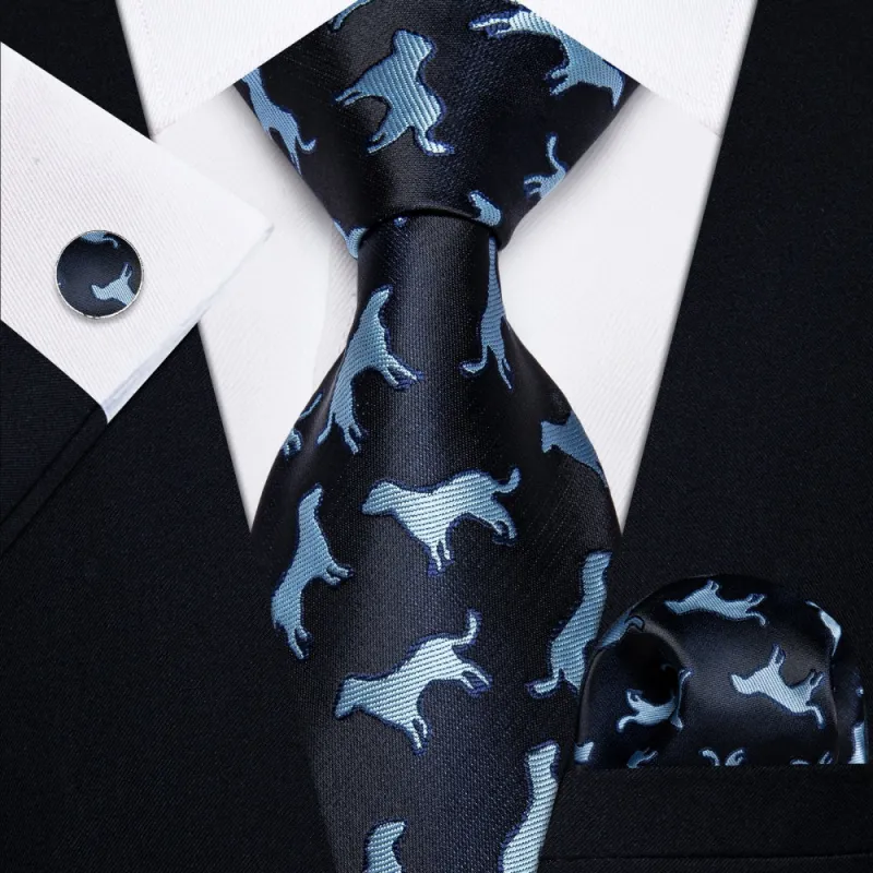 Ties2you Black Blue Puppy Pattern Men's Tie Handkerchief Cufflinks Set sold by Ties2You