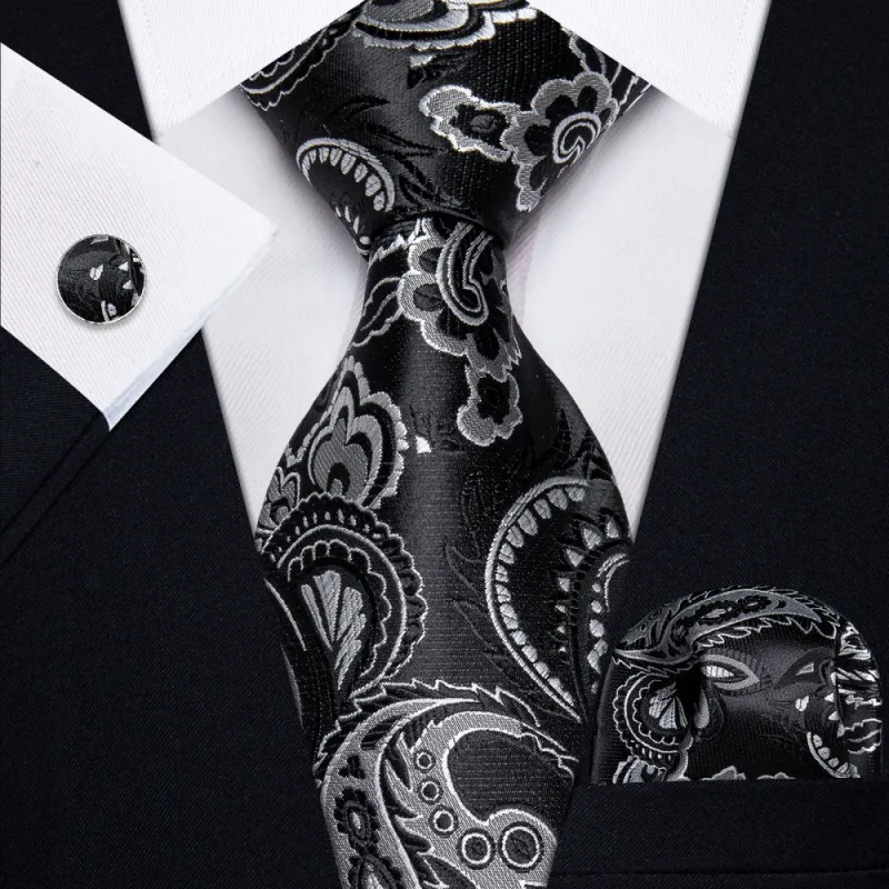 Ties2you Black Tie Formal Black Silver Paisley Men's Necktie Set made by Ties2You