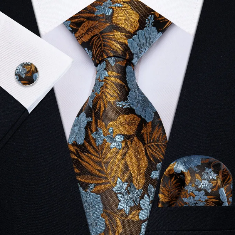 Ties2you Blue Golden Floral Men's Necktie Pocket Square Cufflinks Set sold by Ties2You