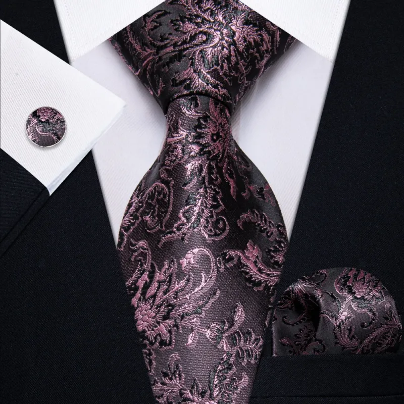 Ties2you Pink Black Floral Men's Necktie Pocket Square Cufflinks Set sold by Ties2You