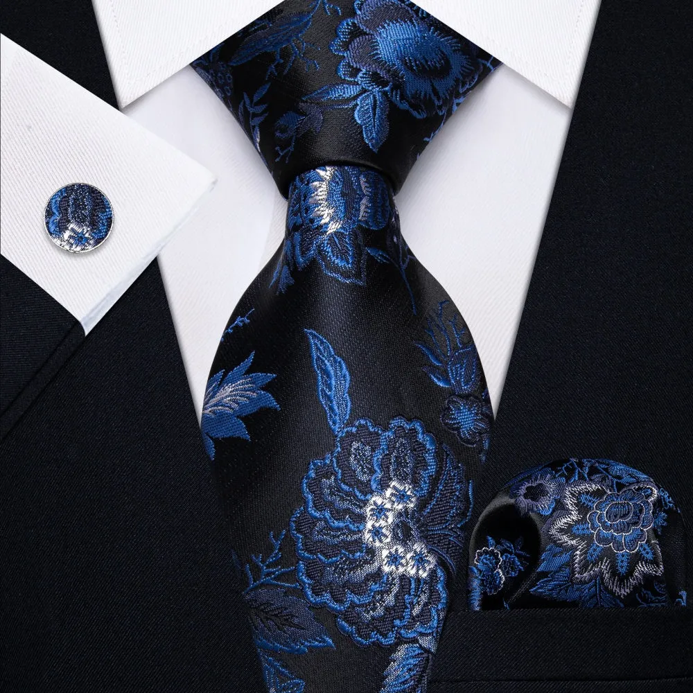 Ties2you Blue Black Floral Men's Necktie Pocket Square Cufflinks Set sold by Ties2You