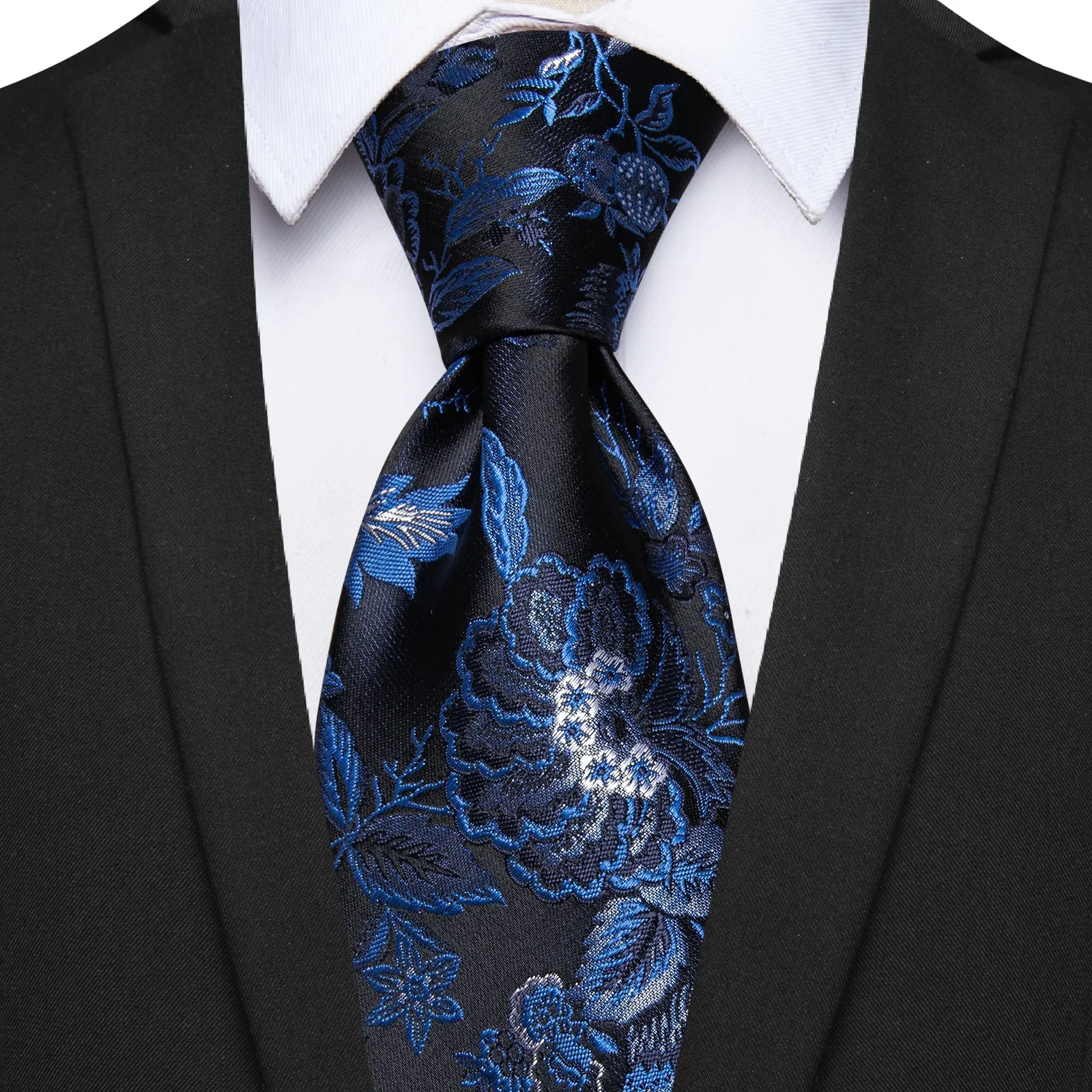Ties2you Blue Black Floral Men's Necktie Pocket Square Cufflinks Set sold by Ties2You product image thumbnail 2