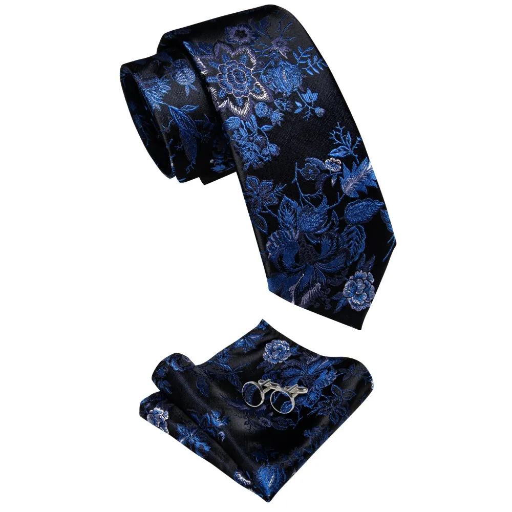 Ties2you Blue Black Floral Men's Necktie Pocket Square Cufflinks Set sold by Ties2You product image thumbnail 4
