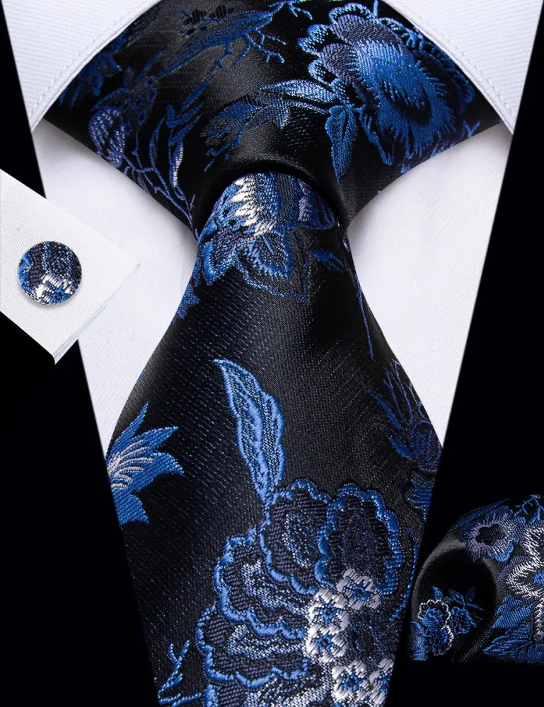 Ties2you Blue Black Floral Men's Necktie Pocket Square Cufflinks Set sold by Ties2You product image thumbnail 3