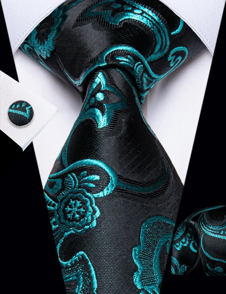 Ties2you Blue Green Floral Men's Necktie Pocket Square Cufflinks Set sold by Ties2You product image thumbnail 3