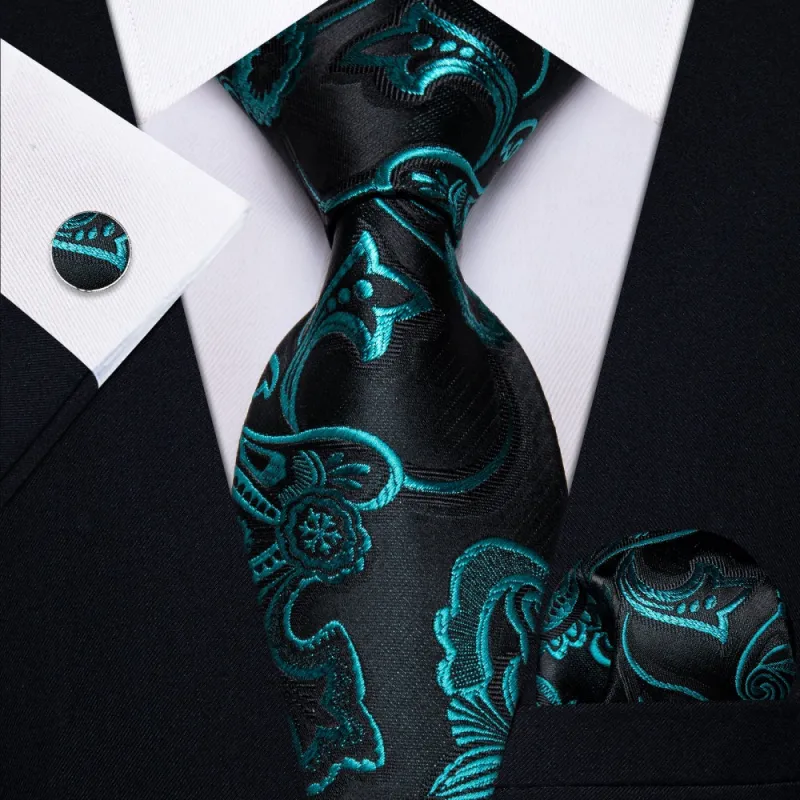Ties2you Blue Green Floral Men's Necktie Pocket Square Cufflinks Set sold by Ties2You