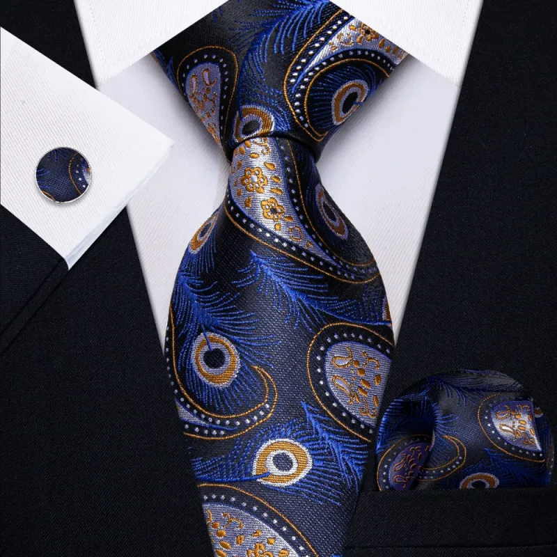 Ties2you Blue Yellow Paisley Feather Men's Necktie Pocket Square Cufflinks Set sold by Ties2You