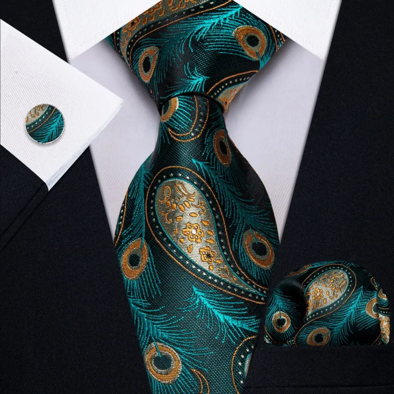 Ties2you Blue Green Yellow Paisley Feather Men's Necktie Pocket Square Cufflinks Set sold by Ties2You