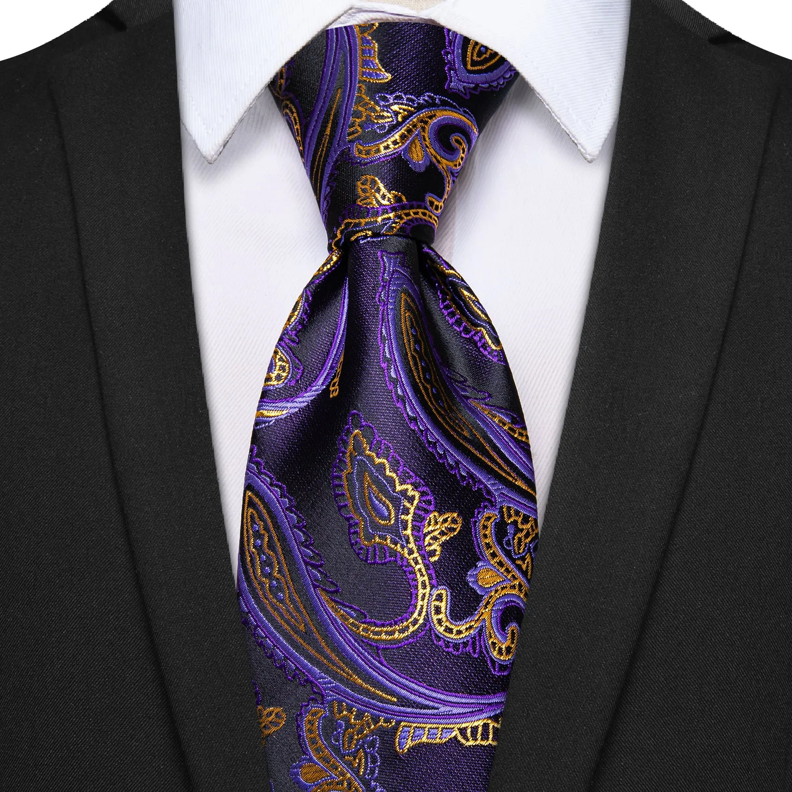 Ties2you Purple Gold Paisley Men's Wedding Necktie Pocket Square Cufflinks Set sold by Ties2You product image thumbnail 2