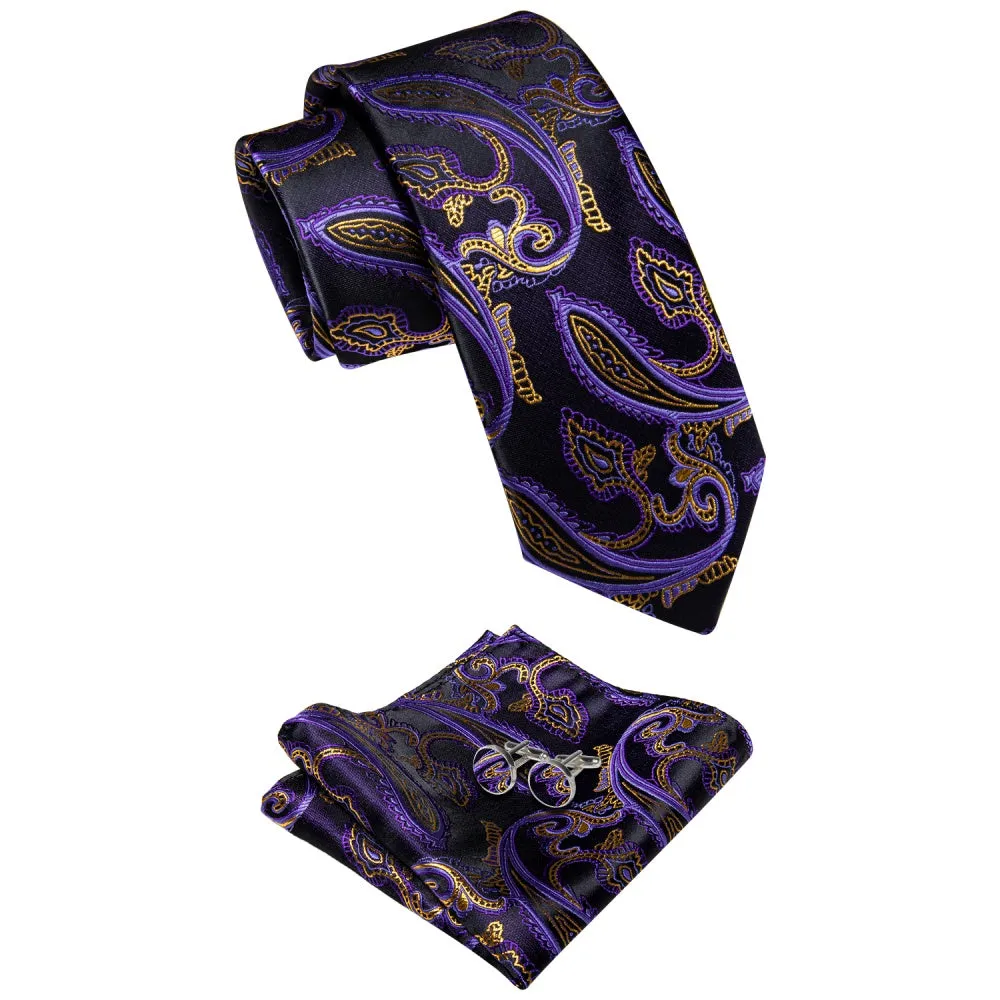 Ties2you Purple Gold Paisley Men's Wedding Necktie Pocket Square Cufflinks Set sold by Ties2You product image thumbnail 4