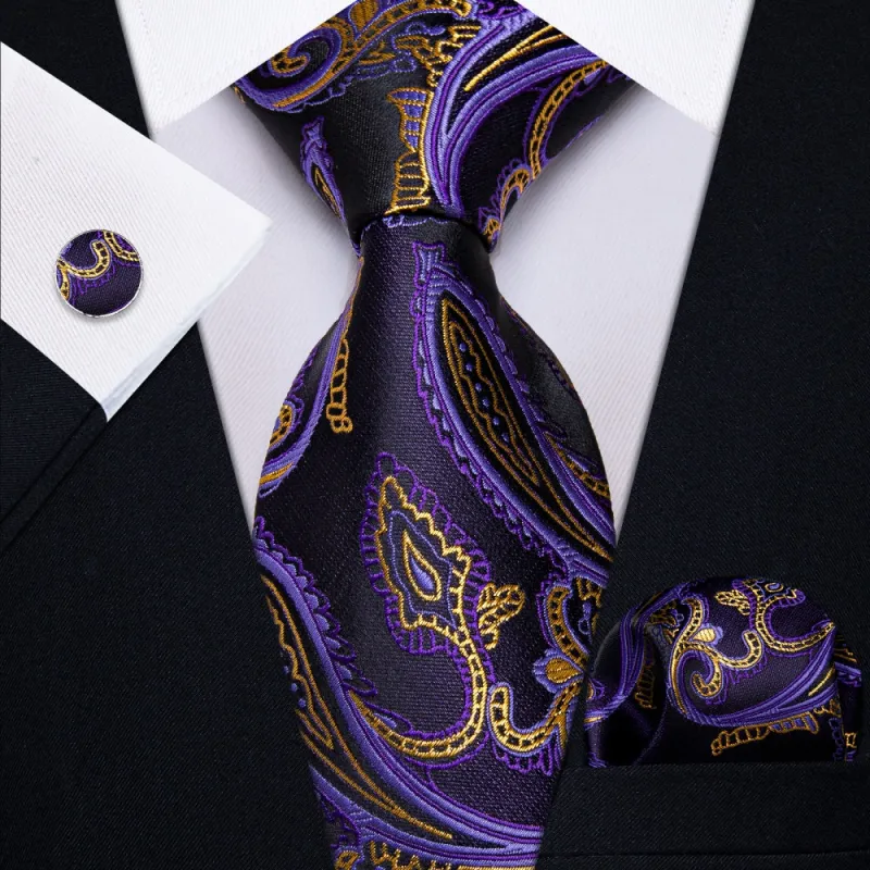 Ties2you Purple Gold Paisley Men's Wedding Necktie Pocket Square Cufflinks Set sold by Ties2You