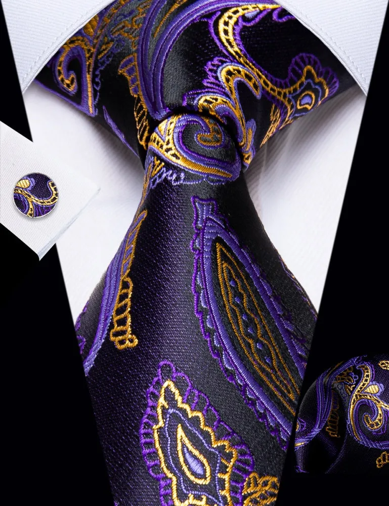 Ties2you Purple Gold Paisley Men's Wedding Necktie Pocket Square Cufflinks Set sold by Ties2You product image thumbnail 3