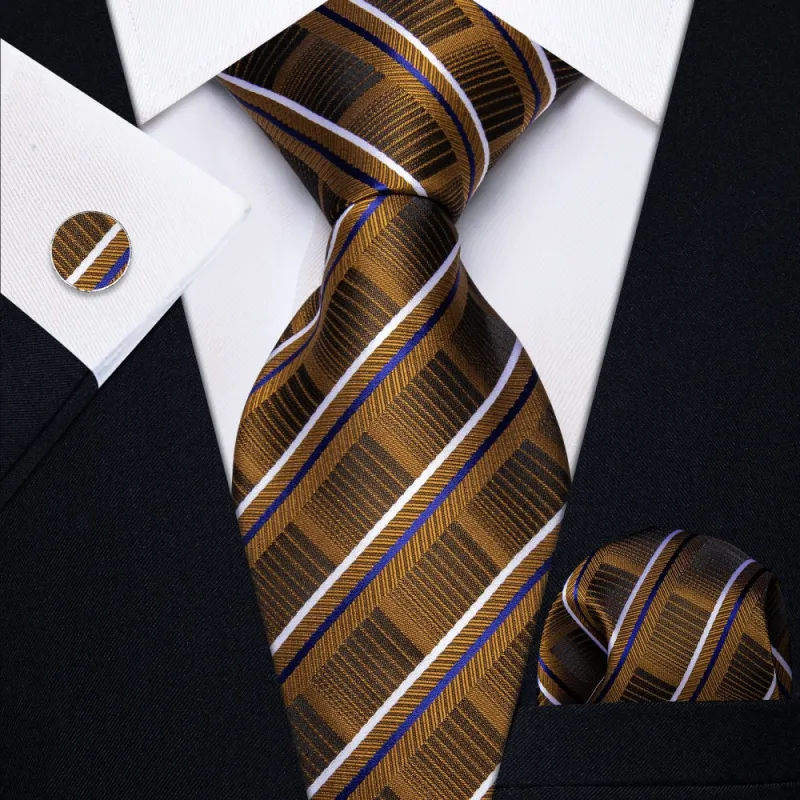 Ties2you Brown Blue White Striped Men's Necktie Pocket Square Cufflinks Set sold by Ties2You