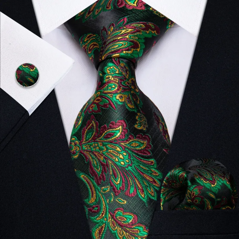 Ties2you Green Floral Leaf Men's Necktie Pocket Square Cufflinks Set sold by Ties2You