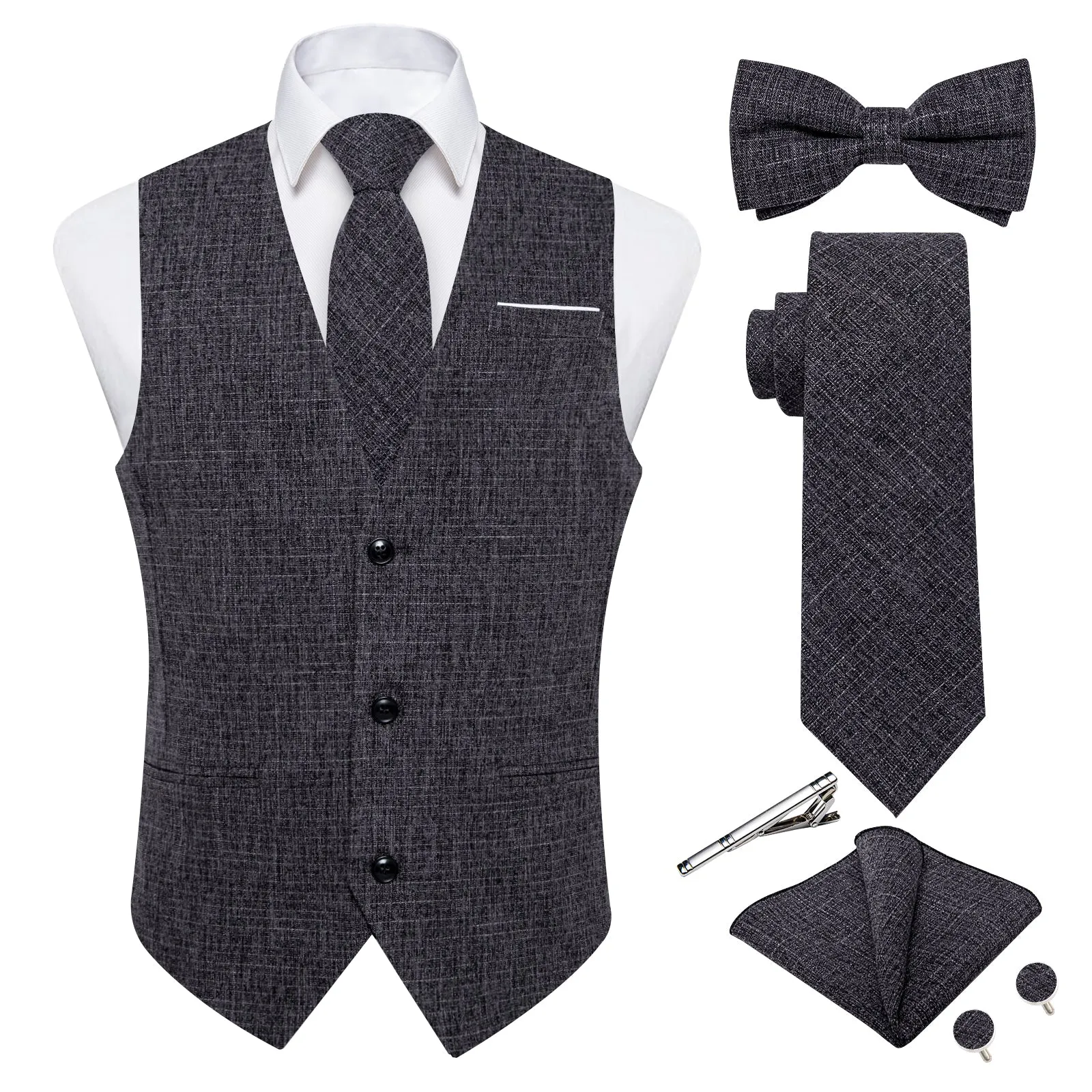 Ties2you Dark Grey Solid Jacquard Men's Vest Necktie Bowtie Set sold by Ties2You