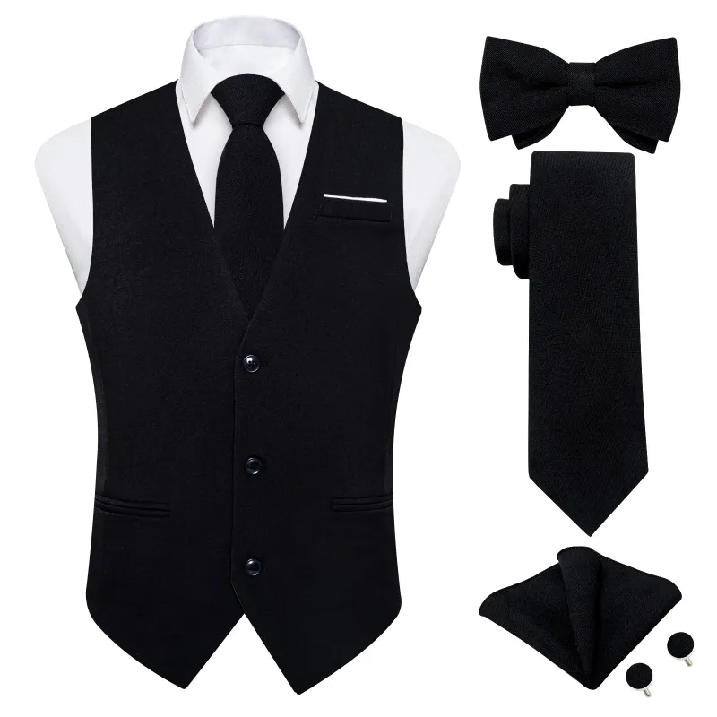 Ties2you Black Solid Jacquard Men's Vest Necktie Bowtie Set made by Ties2You