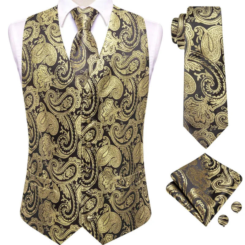 Ties2you BLack Gold Paisley V-Neck Silk Vest Necktie Set sold by Ties2You