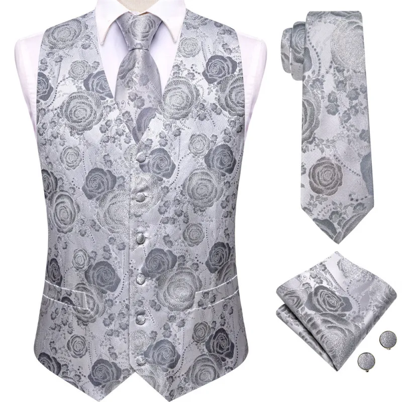 Ties2you Silver Rose Floral V-Neck Silk Vest Necktie Set sold by Ties2You