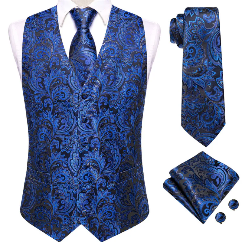 Ties2you Dark Blue Floral V-Neck Silk Vest Necktie Set sold by Ties2You