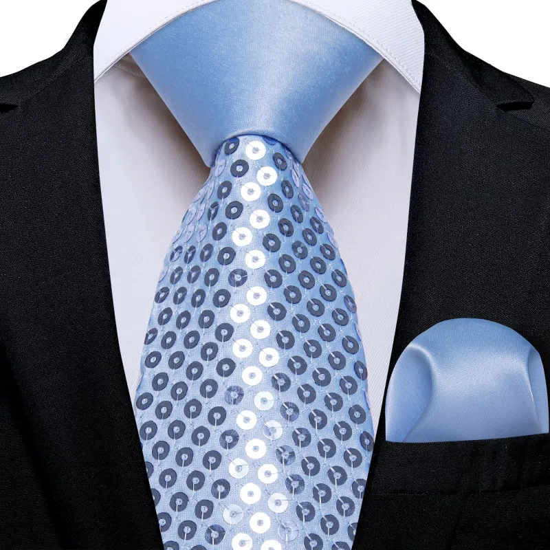 Ties2you Sky Blue Sequin NeckTie Novelty  Mens Casual Tie Pocket Square Set for Party sold by Ties2You