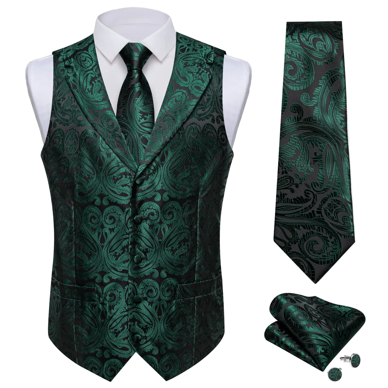 Ties2you Work Vest Phthalo Green Paisley Notched Collar Silk Waistcoat Tie Set for Men sold by Ties2You product image thumbnail 2