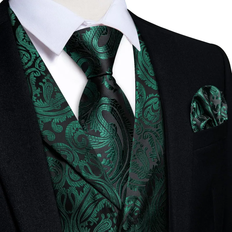 Ties2you Work Vest Phthalo Green Paisley Notched Collar Silk Waistcoat Tie Set for Men sold by Ties2You