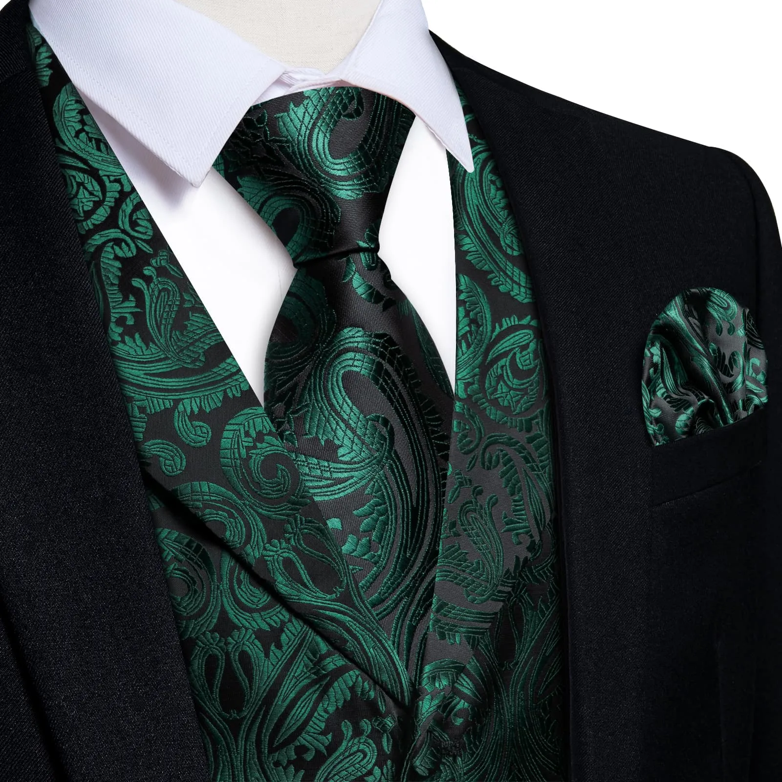 Ties2you Work Vest Phthalo Green Paisley Notched Collar Silk Waistcoat Tie Set for Men sold by Ties2You