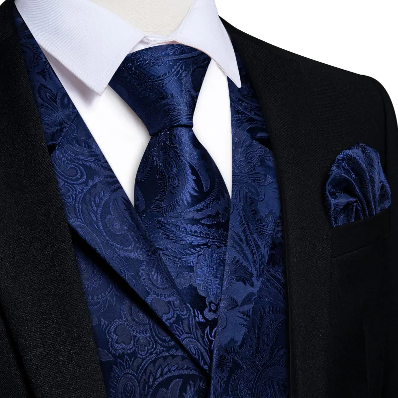 Ties2you Dress Vest Oxford Blue Paisley Notched Collar Silk Mens Waistcoat Tie Set sold by Ties2You