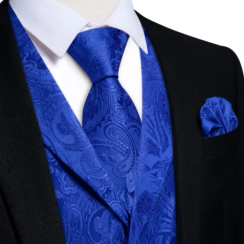 Ties2you Dress Vest Royal Blue Paisley Notched Collar Silk Mens Waistcoat Tie Set sold by Ties2You