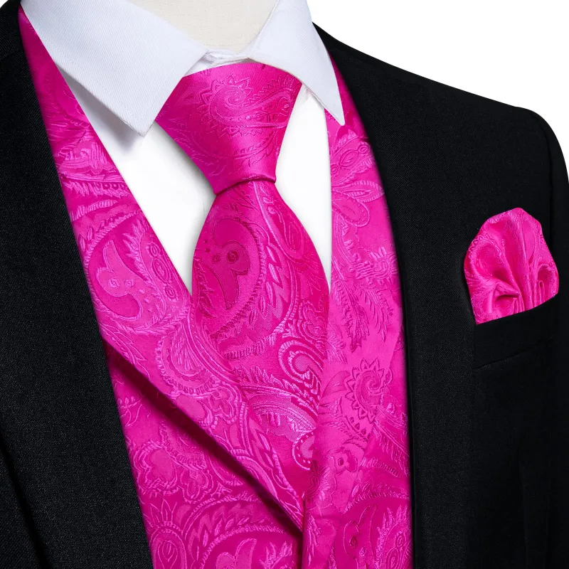 Ties2you Dress Vest Bright Pink Paisley Notched Collar Silk Mens Waistcoat Tie Set sold by Ties2You