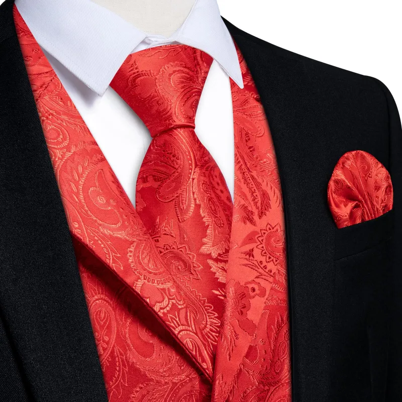 Ties2you Dress Vest Pure Red Paisley Notched Collar Silk Mens Waistcoat Tie Set sold by Ties2You