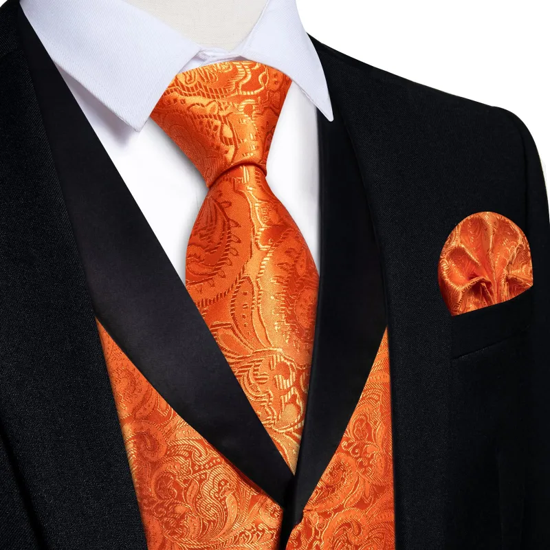 Ties2you Dress Vest Hot Orange Floral Shawl Collar Silk Mens Waistcoat Tie Set sold by Ties2You