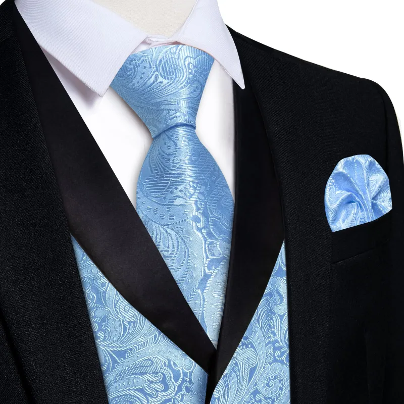 Ties2you Dress Vest Sky Blue Floral Shawl Collar Silk Mens Waistcoat Tie Set sold by Ties2You
