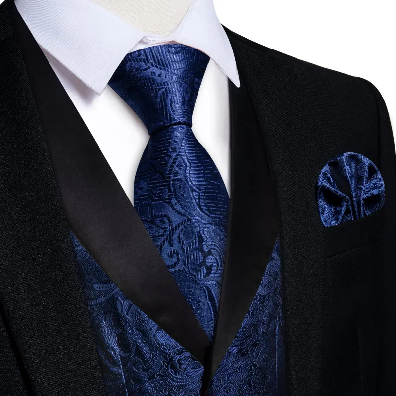 Ties2you Dress Vest Dark Blue Floral Shawl Collar Silk Mens Waistcoat Tie Set sold by Ties 2 You