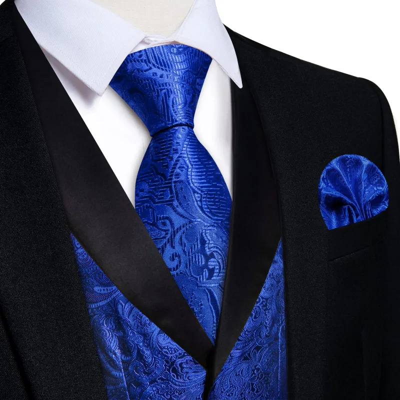Ties2you Dress Vest Cobalt Blue Floral Shawl Collar Silk Mens Waistcoat Tie Set made by Ties2You