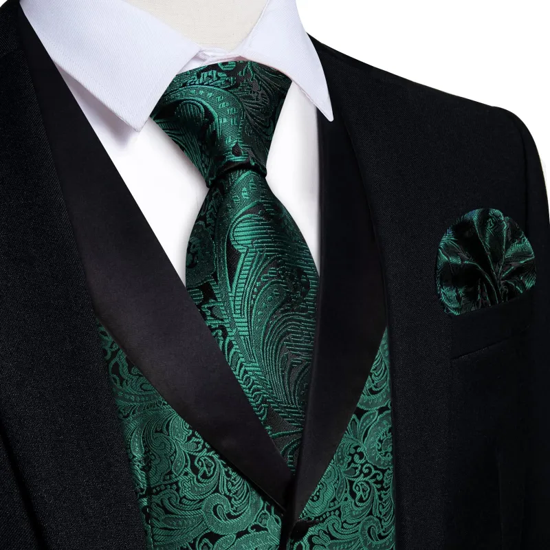 Ties2you Dress Vest Deep Green Black Floral Shawl Collar Silk Mens Waistcoat Tie Set sold by Ties2You