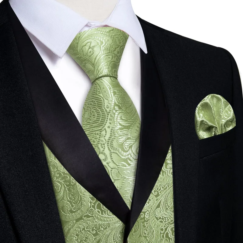 Ties2you Shawl Collar Dress Vest Sage Green Paisley Wedding Suit Vest Tie Hanky Cufflinks Set sold by Ties2You